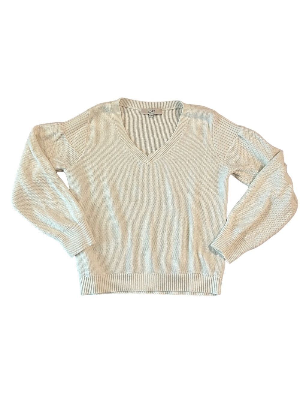 LOFT White V-Neck Knit Long Sleeve Sweater with Knit Shoulder Detail Size Large